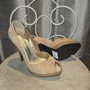 BCBGirls Tan Peep-Toe Heels